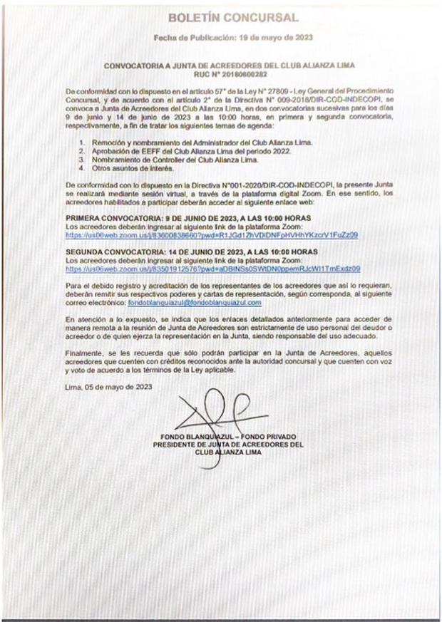 Convocatoria a Junta de Acreedores del club Alianza Lima.