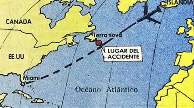 Map of Fawcett's Boeing 727 crashed area beyond Newfoundland (Canada) in the Atlantic Ocean.  (Photo-chart: GEC History Archive)