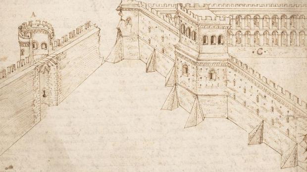 Las fortificaciones de una ciudad según el primer libro de Vitruvio, en un dibujo del siglo XVI.