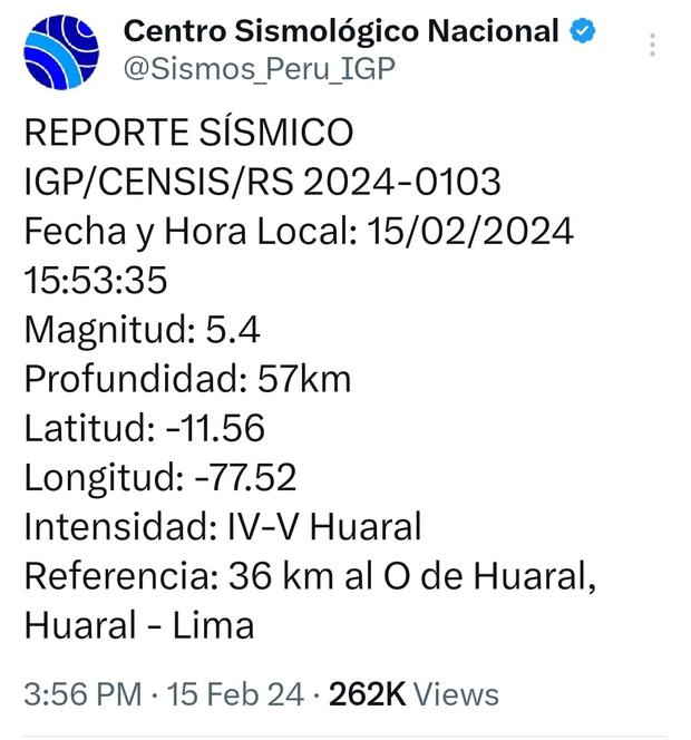 Temblor en Lima hoy, jueves 15 de febrero de 2024. (Foto: Captura IGP)