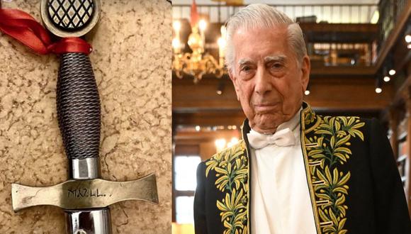 A la izquierda, el detalle de la espada protocolar con la que Mario Vargas Llosa ingresa a la Academia Francesa. A la derecha, el escritor peruano en la sede de la ceremonia. Fotos: Morgana Vargas Llosa/ AFP