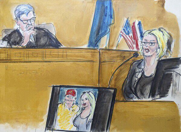 Drawing of Stormy Daniels during her testimony where Judge Juan Merchan is seen on May 7, 2024. (Elizabeth Williams/AP).