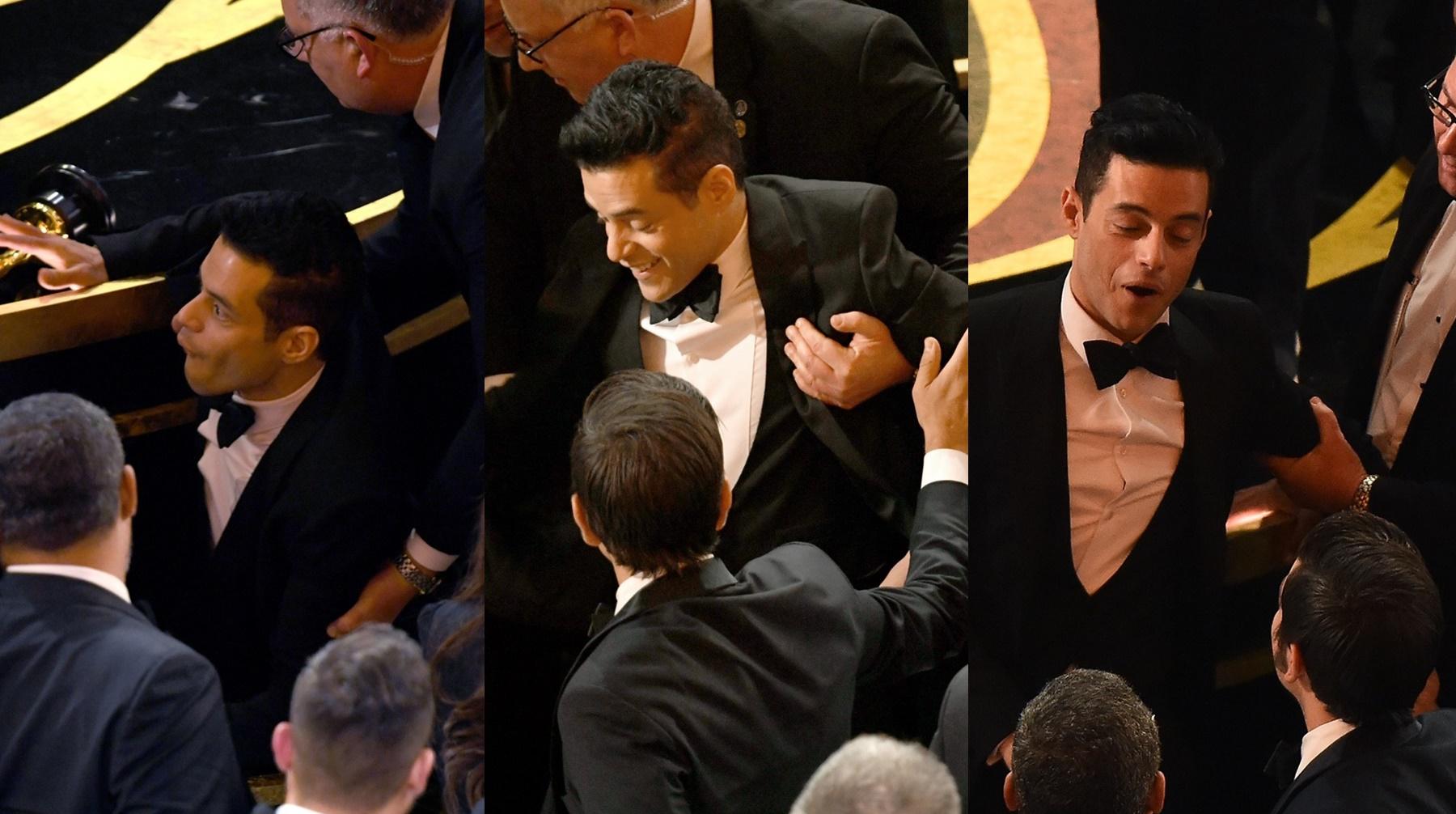 Así fue la caída de Rami Malek durante la gala del Oscar 2019. Fotos: AFP.