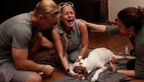 Olesya Lykovi grita de angustia, momentos después de la muerte de su perro, Sam. (Foto: Ross Taylor)