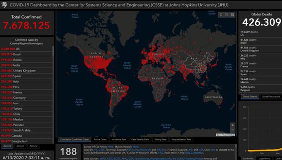 Mapa del coronavirus Covid-19 en el mundo en tiempo real hoy sábado 13 de junio: contagiados y muertos. (Johns Hopkins University).