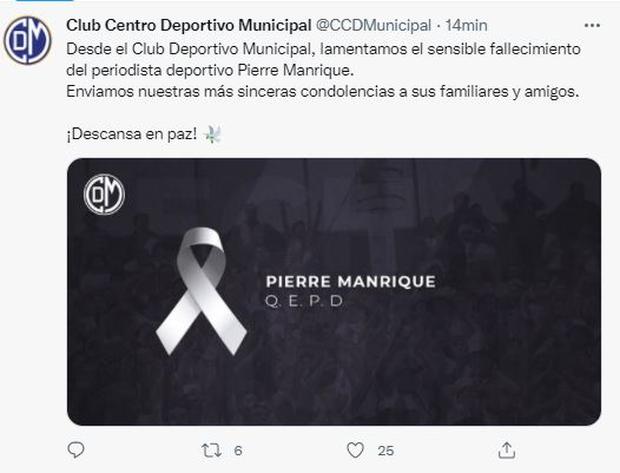 Deportivo Municipal sent a message of condolence to the family of Pierre Manrique.  (Photo: Capture)