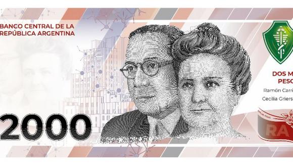 El nuevo billete de 2.000 pesos de Argentina. (BCRA).
