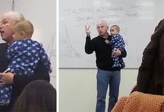 Twitter: Profesor carga a bebé que lloraba y sigue dando clase