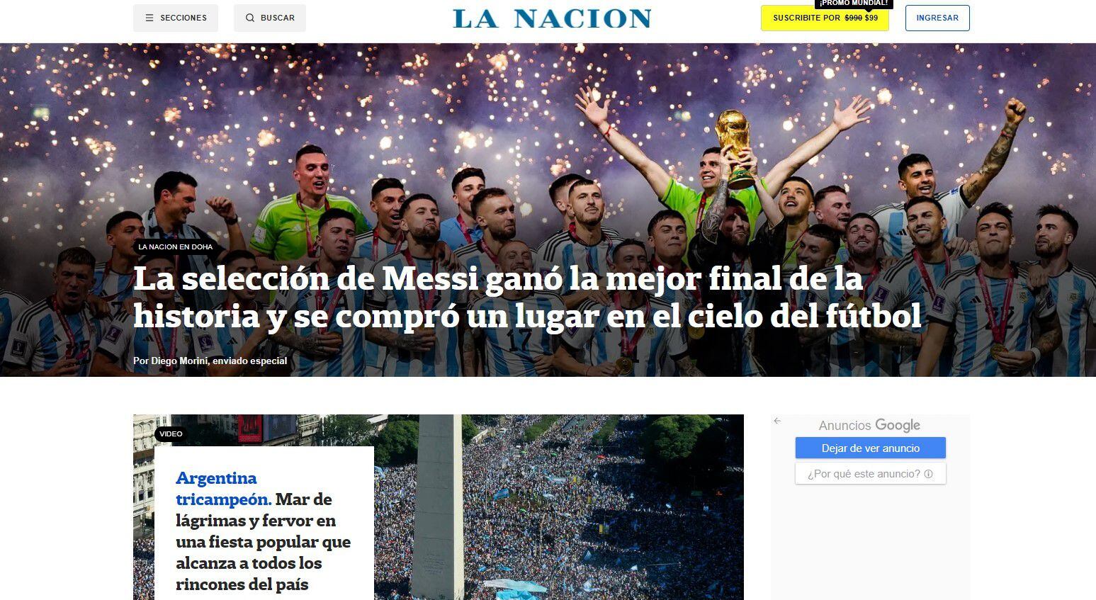 Screenshot of the website of the Argentine newspaper La Nación.