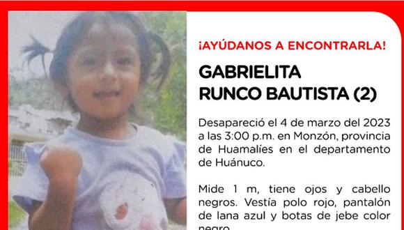 Ayudemos a encontrar a la pequeña Gabrielita Runco Bautista | Imagen: MIMP