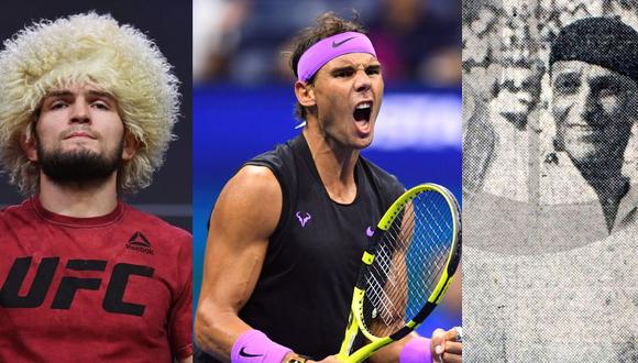 Khabib, Nadal y Lolo, con la vestimenta que siempre los identificó. (Fotos: UFC / AFP / GEC)