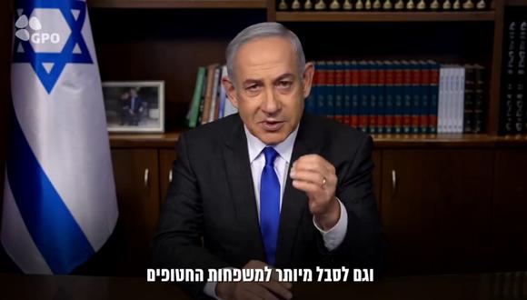 El primer ministro israelí, Benjamin Netanyahu, pronuncia un discurso en un video publicado en redes sociales el 5 de mayo de 2024. (Captura de Twitter/X @netanyahu)