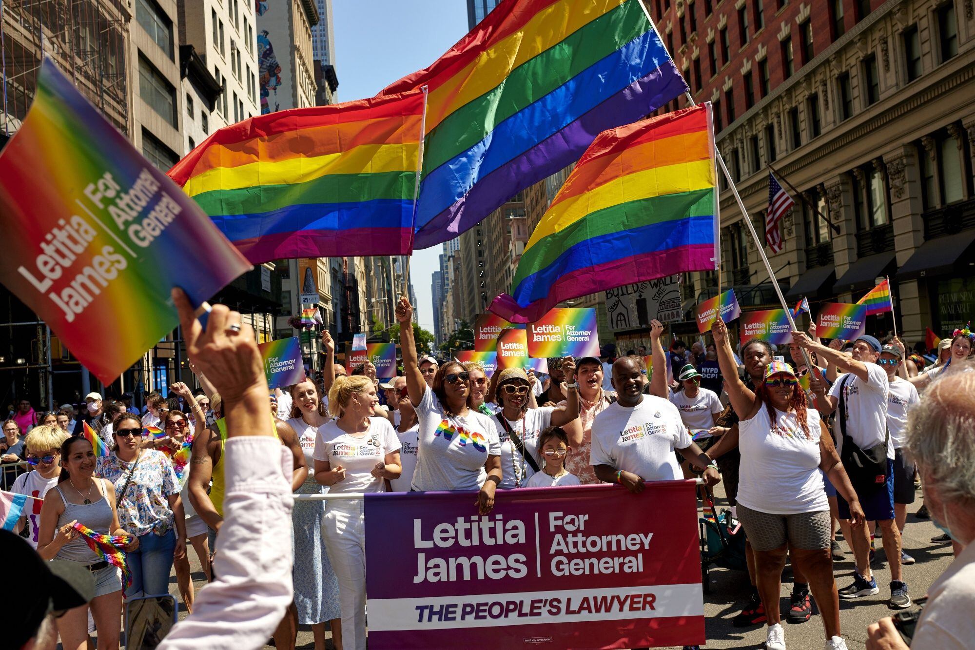 New York Attorney General Letitia James, center, attends the New York Pride Parade in New York, USA.