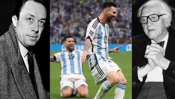 En los extremos, de izquierda a derecha, los escritores Albert Camus y Vladimir Nabokov, amantes del fútbol. Al centro, Lionel Messi, jugador argentino, durante la final del Mundial FIFA de Qatar 2022.