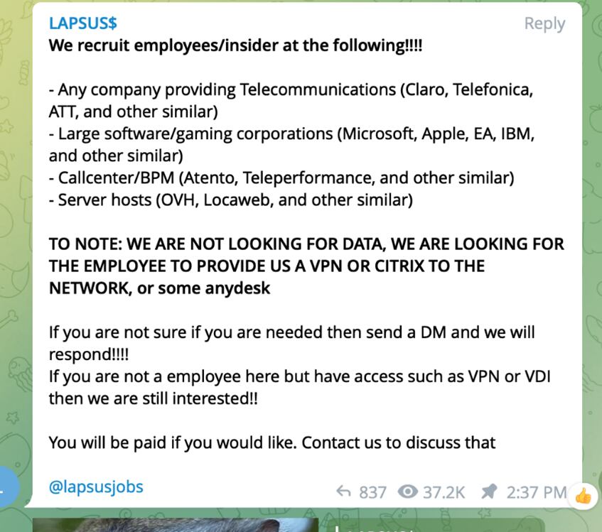 Screenshot of an ad recruiting employees to provide access to their company's network.  (Photo: Microsoft)