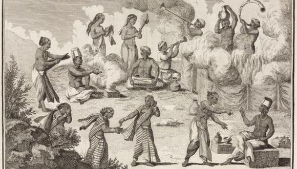 Cuadro del explorador francés Pierre Sonnerat que muestra la costumbre del sati en India. (SCIENCE & SOCIETY PICTURE LIBRARY/GETTY IMAGES).