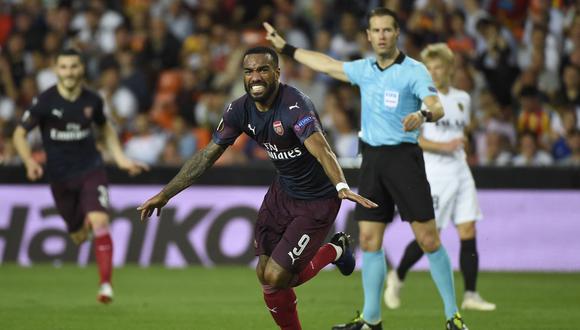 Tres goles de Pierre-Emerick Aubameyang y uno de Alexandre Lacazette dieron el jueves al Arsenal una victoria 4-2 sobre el Valencia y lo clasificaron a la final de la Liga Europa en Bakú. (Foto: AFP)
