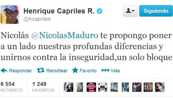 Capriles pide tregua a Maduro para luchar contra la inseguridad