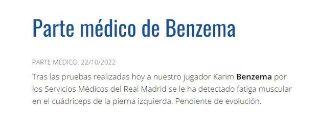 El parte médico de Benzema. (Foto: Real Madrid)