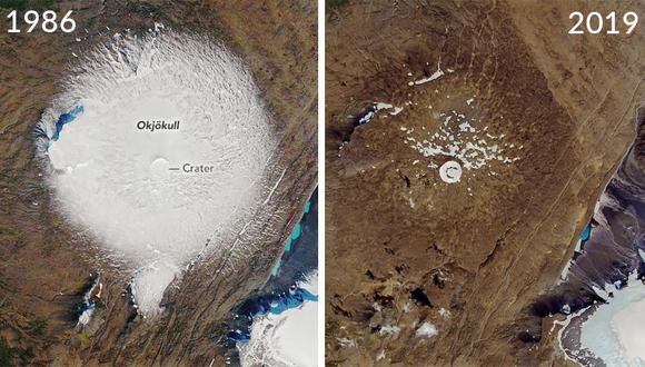 La imagen cómo el glaciar perdió su masa de hielo. (NASA)