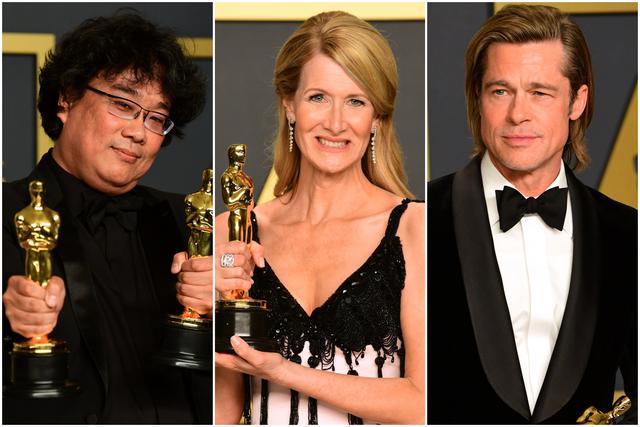 Oscar 2020. De izquierda a derecha Bong Joon-Ho ("Parasite"), Laura Dern ("Marriage Story") y Brad Pitt "(Once Upon a Time in Hollywood"). Fotos: AFP.