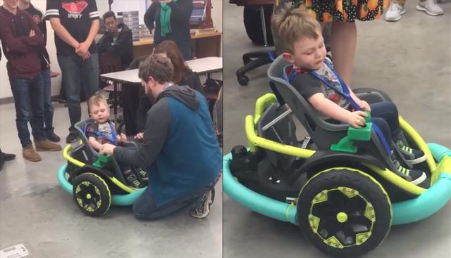 El equipo de robótica de una escuela secundaria de Minesota (EE.UU.) construyó una silla de ruedas eléctrica para un niño de 2 años cuya familia no podía costearla. (Facebook / Rogue Robotics - Farmington)