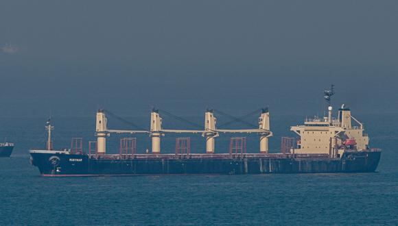 El carguero Rubymar, que transporta cereales ucranianos, navega a la entrada del Bósforo, en el Mar Negro frente a la costa de Kumkoy, al norte de Estambul, el 2 de noviembre de 2022. (Foto de Ozan KOSE / AFP / Archivo)