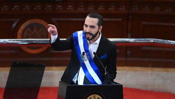 El presidente de El Salvador, Nayib Bukele, pronuncia su discurso anual a la nación el 1 de junio de 2021. (MARVIN RECINOS / AFP).