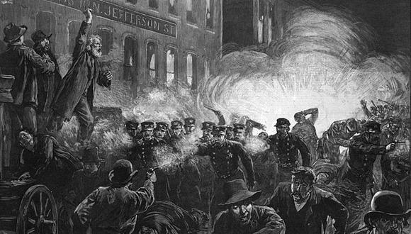 Uno de los más célebres grabados de la revuelta de Haymarket, que muestra, de forma inexacta, a Fielden dirigiéndose al público al mismo tiempo que estalla el explosivo y empiezan los disturbios. (Imagen del Harper's Weekly)