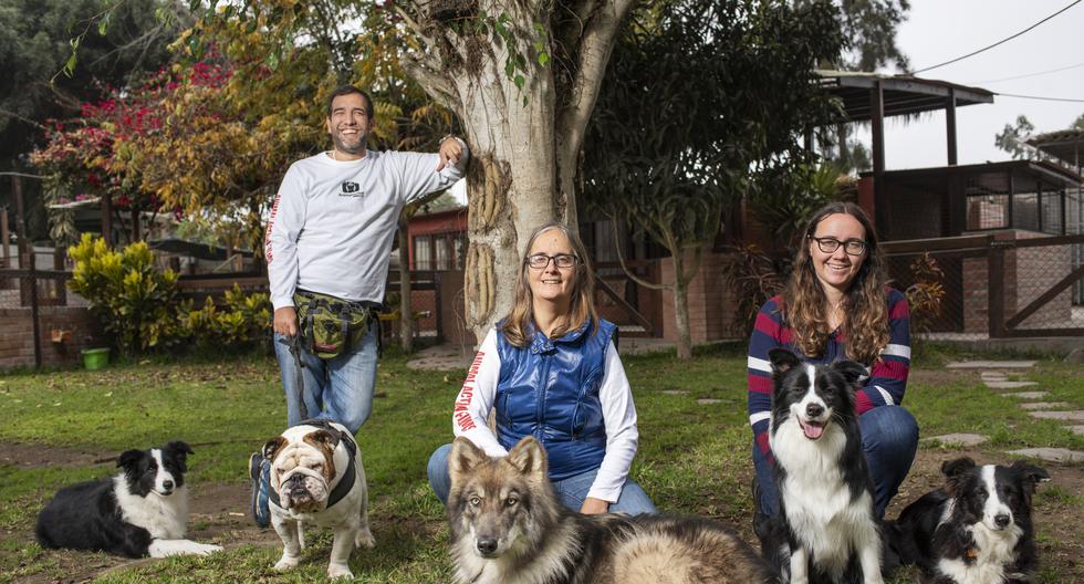 Médicos veterinarios Héctor Salas, Erika Mur y Melany Linder, al frente de la manada de perros terapistas, en un centro especializado en Mala, al sur de Lima. Munay Ki, al centro, es el psicólogo canino por excelencia. (Foto: Omar Lucas)