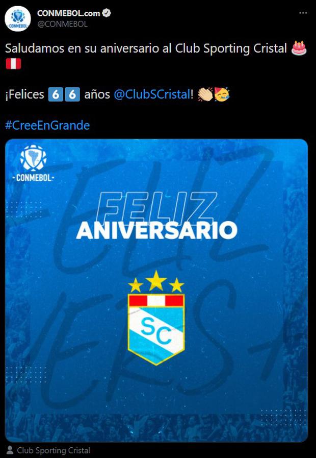 Conmebol saludó a Sporting Cristal por su aniversario 66. (Foto: Twitter)