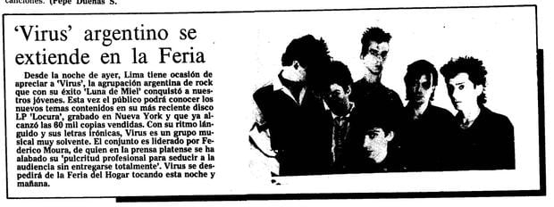 Article in El Comercio referring to the group's passage through Peru in 1986.