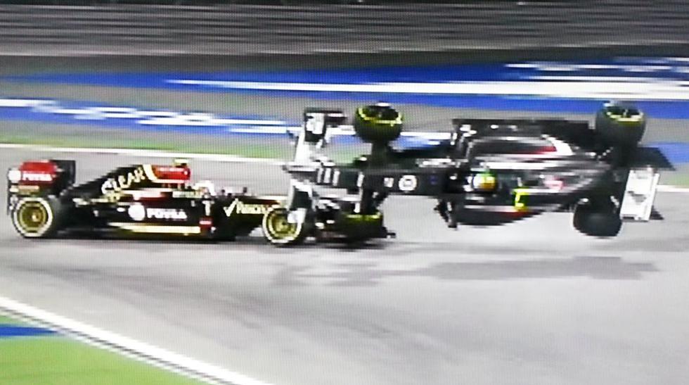 En el aire: este es uno de los momentos m&aacute;s cr&iacute;ticos de la volcadura del monoplaza de Esteban Guti&eacute;rrez tras ser impactado por el Lotus de Pastor Maldonado. (Captura de imagen: FOX Sports HD)