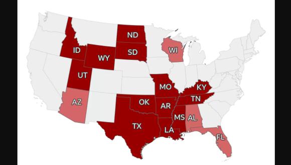 El mapa que muestra dónde ya está prohibido abortar en Estados Unidos y qué otros estados lo restringirán tras la sentencia de la Corte Suprema. (BBC).
