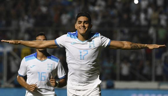 Honduras' forward Luis Palma celebrates after scoring a goal during the CONCACAF Nations League group B football match between Honduras and Grenada, at the Chelato Ucles National Stadium in Tegucigalpa, Honduras, on Septemmber 12, 2023. (Photo by Orlando SIERRA / AFP)