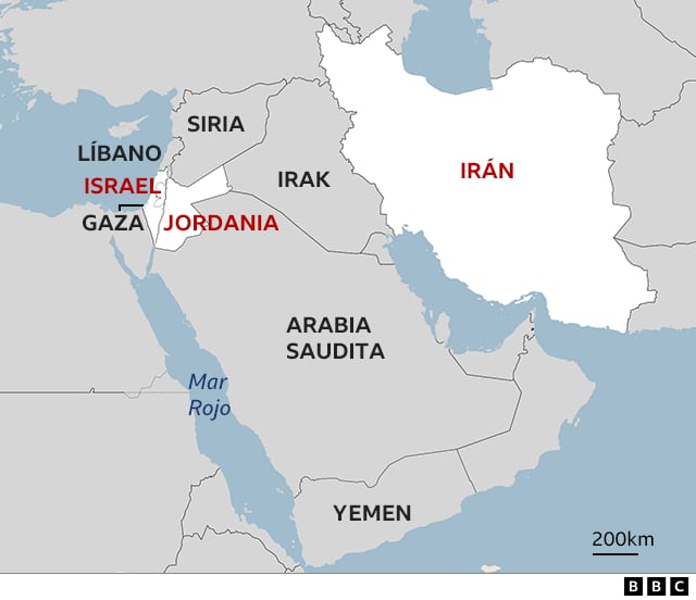 Map of the Middle East, highlighting Jordan, Israel and Iran. 