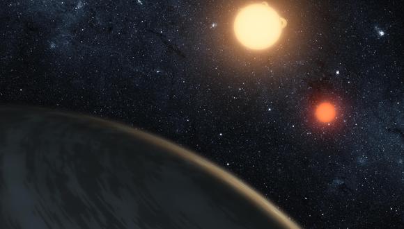 Esta imagen muestra el concepto de un artista que ilustra a Kepler-16b, el primer planeta conocido en orbitar definitivamente dos estrellas, lo que se llama un planeta circumbinario. (Foto: NASA/JPL-Caltech / AFP)