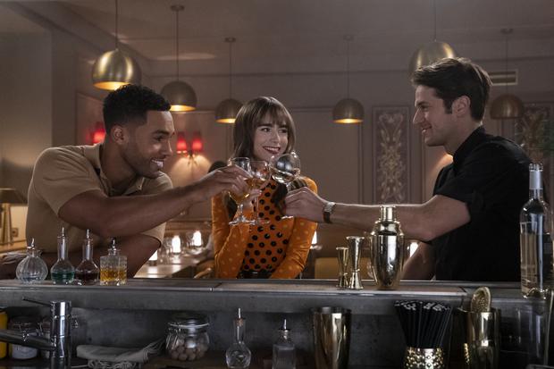 (left to right) Lucien Laviscount is Alfie;  Lily Collins, Emily;  and Lucas Bravo, Gabriel in Netflix
