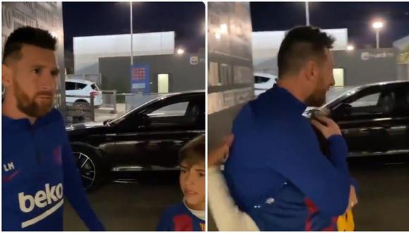 Lionel Messi abrazando a un niño uruguayo a la salida del estadio. (Foto: captura de video)