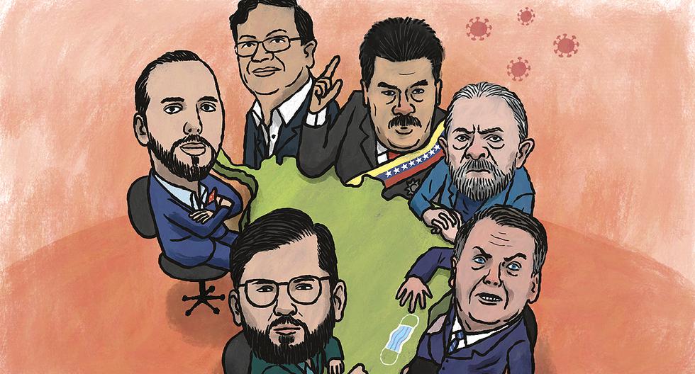 Hay mucha incertidumbre sobre lo que vendrá en el 2022 en América Latina. En la imagen: Nicolás Maduro, Luiz Inácio Lula da Silva, Jair Bolsonaro, Gabriel Boric, Nayib Bukele y Gustavo Petro. ILUSTRACIÓN: VÍCTOR AGUILAR