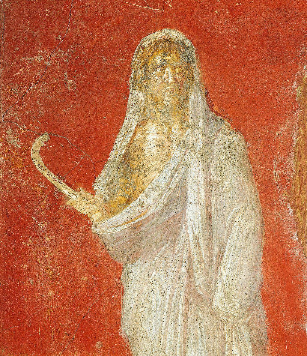 Saturn, here in a first-century AD fresco from Pompeii, could be that sower.  His name, 'Sautran', is written under the oldest of the squares.