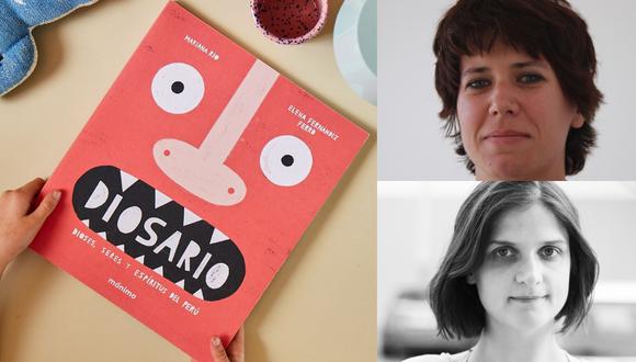 A la izquierda, portada de "Diosario", libro que difunde las historias de los dioses de mitos peruanos. A la derecha, de arriba hacia abajo, Elena Fernández Ferro, escritora del libro, y Mariana Rio, la ilustradora. Fotos: mónimo.