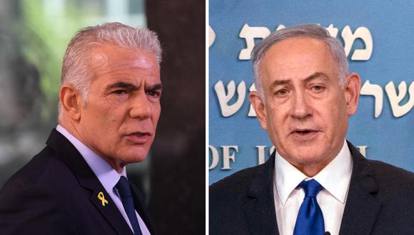 El líder opositor israelí, Yair Lapid; y el primer ministro de Israel, Benjamin Netanyahu. (Fotos de Olivier Douliery / Leo Correa / AFP)