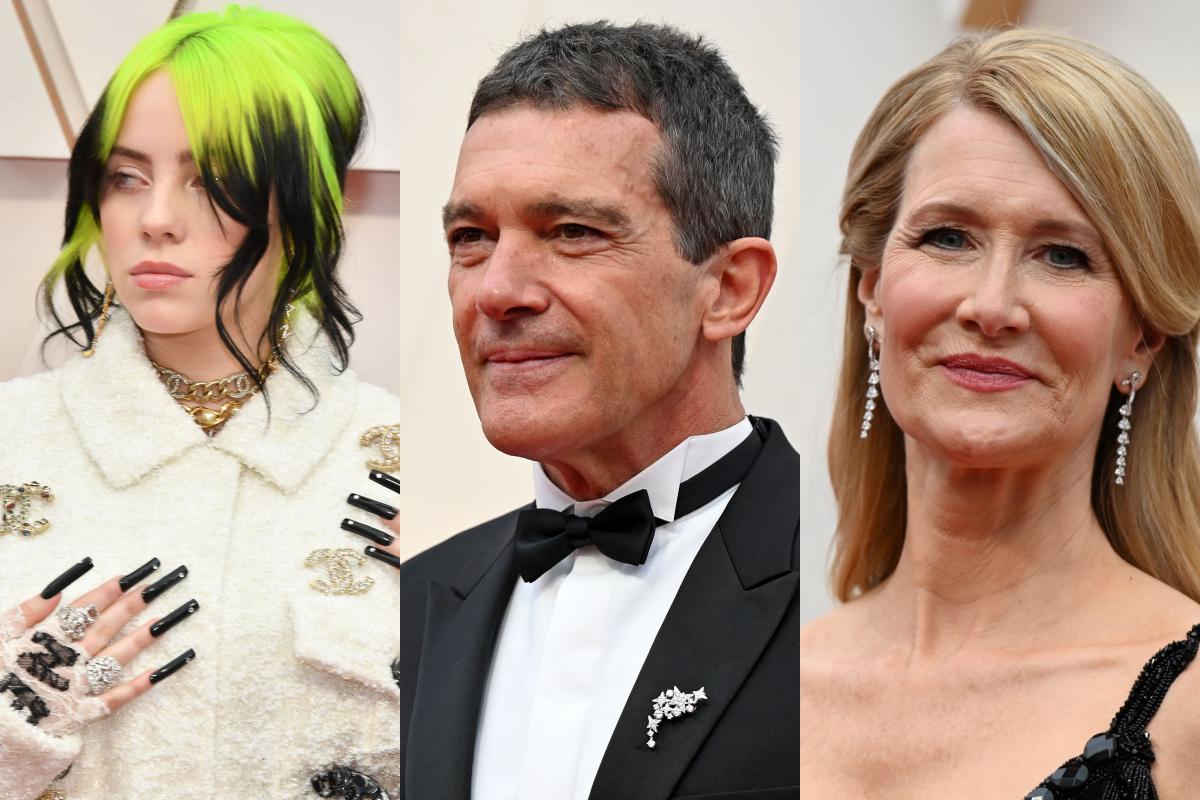 Oscar 2020. De izquierda a derecha Billie Eilish, Antonio Banderas y Laura Dern. Foto: AFP.