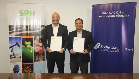 De izquierda a derecha: Jean Pierre Azañedo, CEO de Séché Group Perú, y Felipe Cantuarias, presidente de la SPH. (Foto difusión)