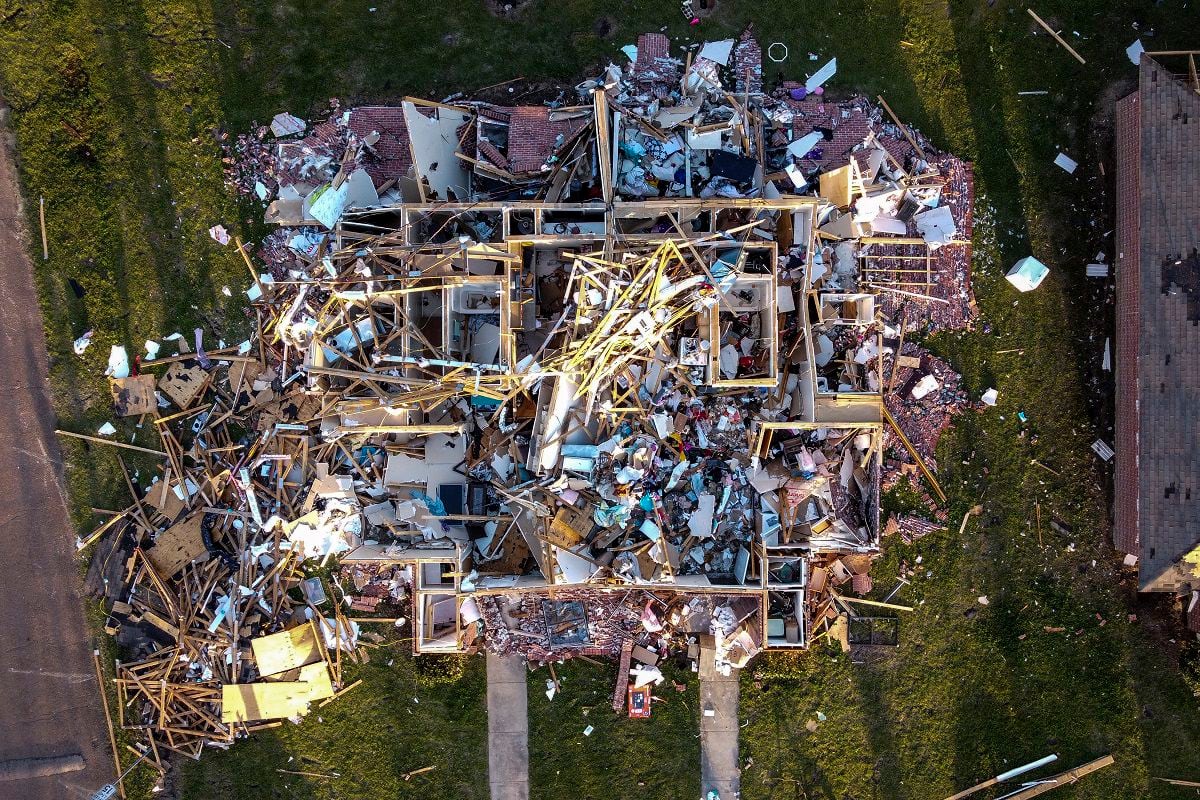 Aerial view of a destroyed neighborhood in Rolling Fork, Mississippi, after a tornado struck the area on March 25, 2023. (Photo by CHANDAN KHANNA/AFP)