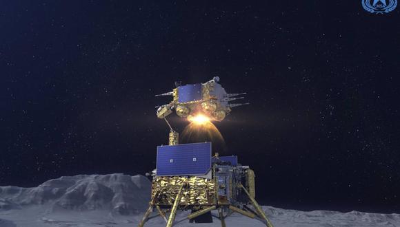 Ascendedor de la misión Chnag'5 despegando desde el módulo de aterrizaje tras la toma de muestras lunares. (CNSA)