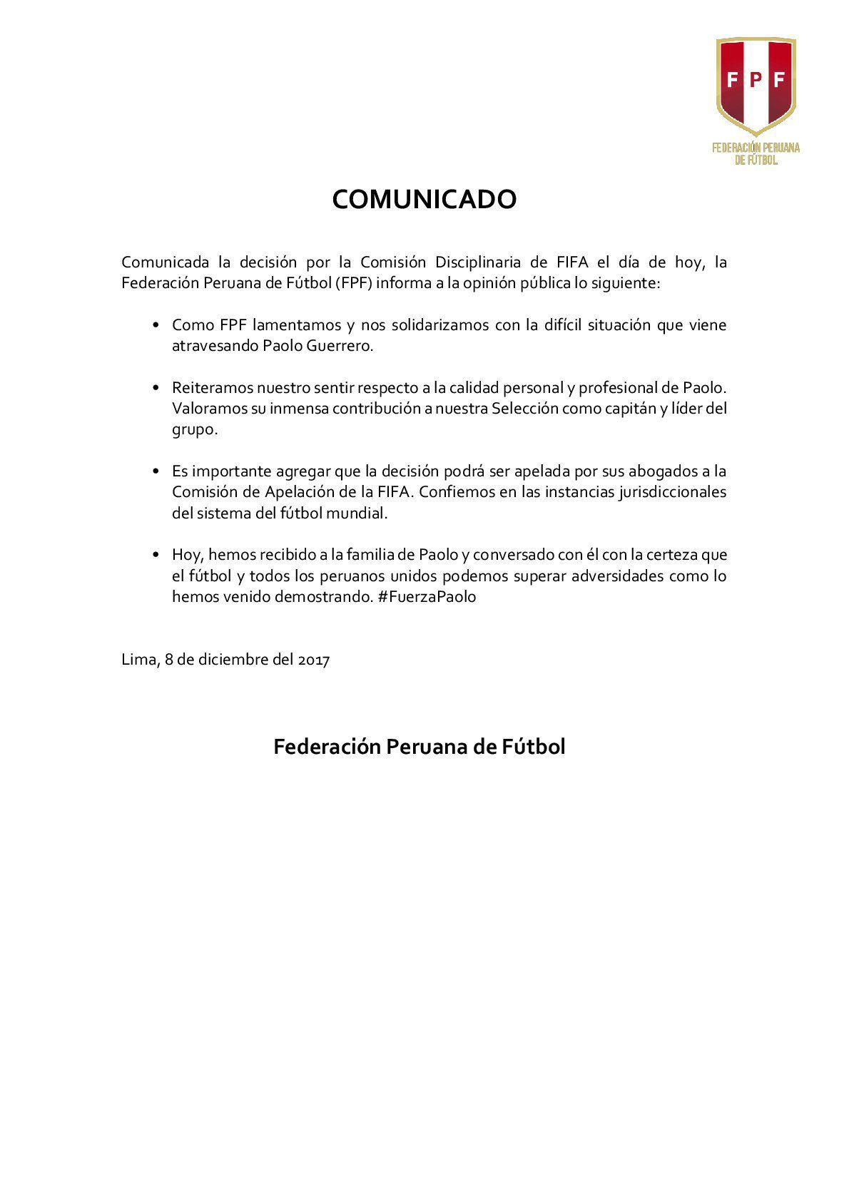 Comunicado de la FPF