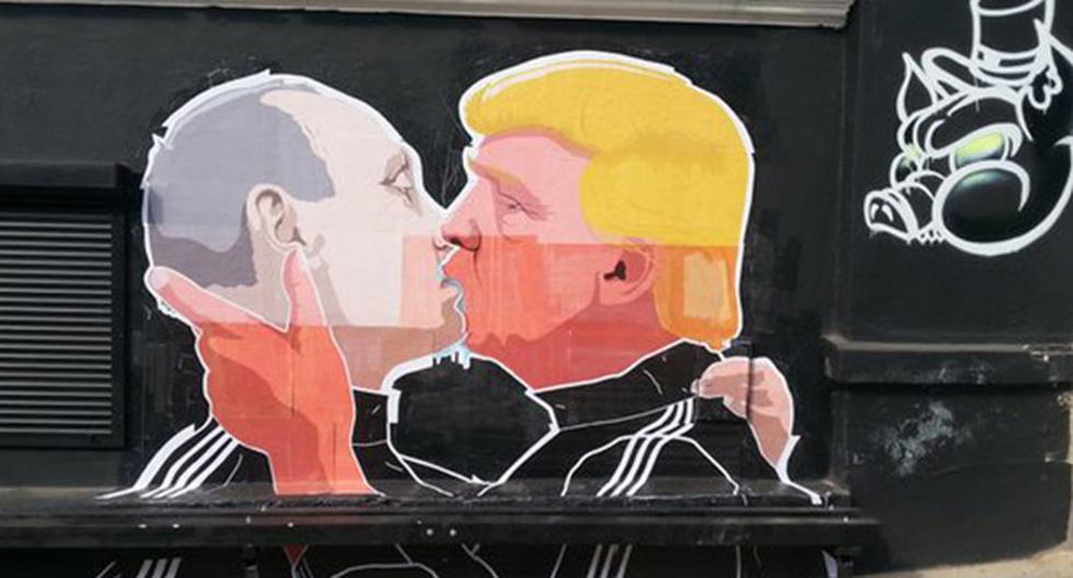 Vladimir Putin y Donald Trump protagonizan un beso de tornillo en un grafiti en Lituania. (Foto: Twitter|@andrius_sytas)