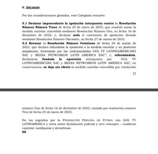 Resolución de la Corte Superior de Lima sobre medida cautelar de la FPF. Foto: Captura de pantalla